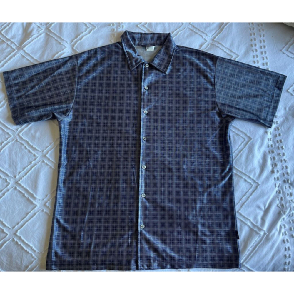 Vintage ODO Button Up Blue White Geometric Style Glossy Shirt Size Large Mens